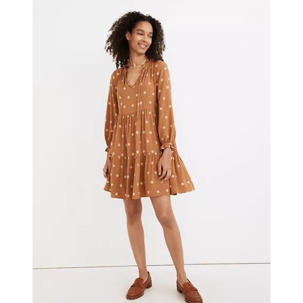 Madewell Women's Warm Hickory Bloom Dot Tie-Neck Tiered Mini Dress Size S